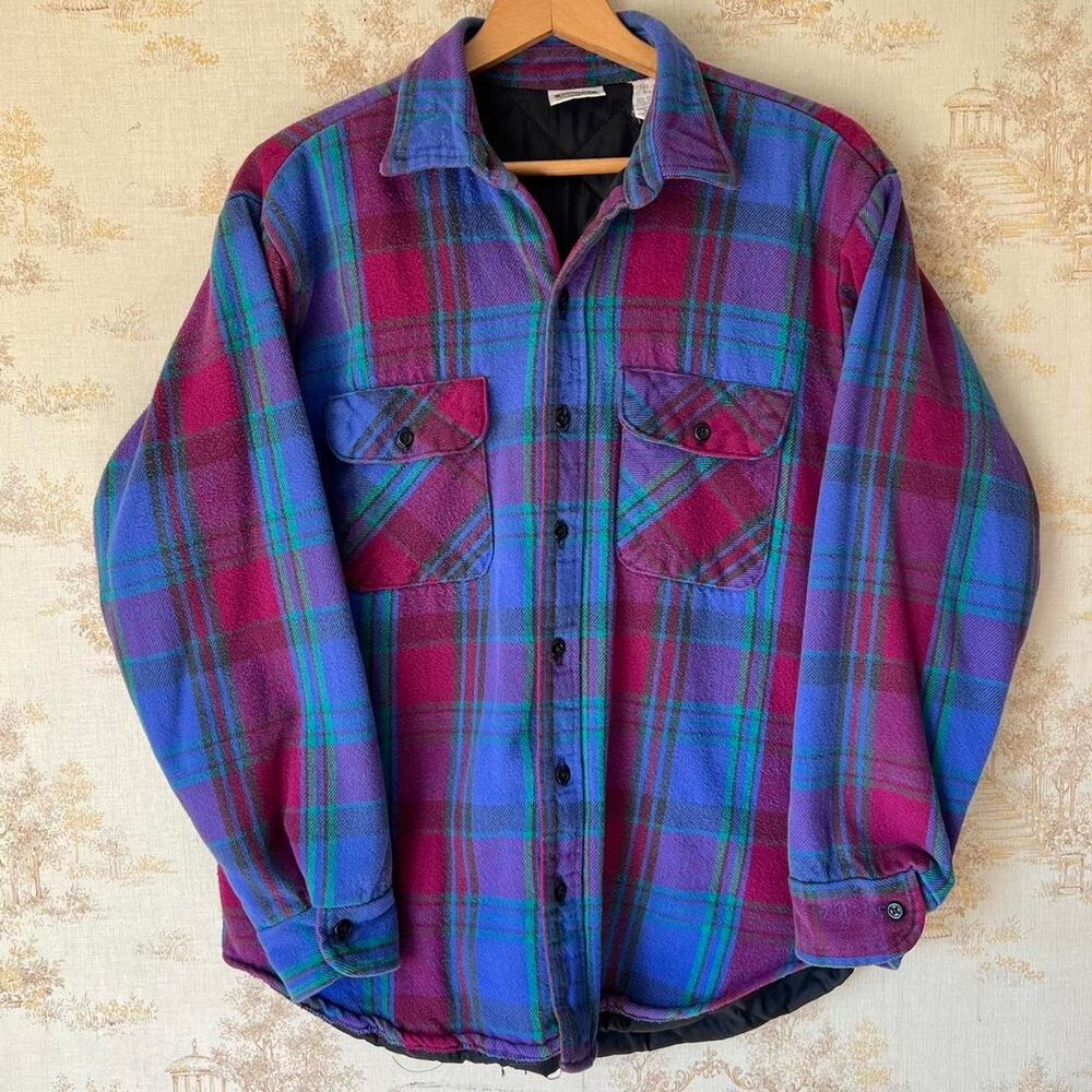 Vintage 90s Purple Plaid Five Brother Quilted Flannel Shacket | Size L (23x27)